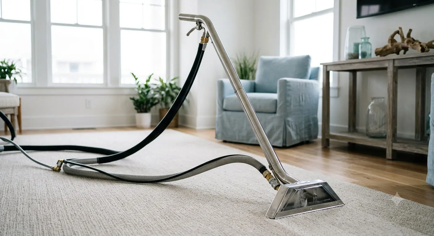 Stainless-steel carpet cleaning wand with hoses in a Santa Cruz, CA living room