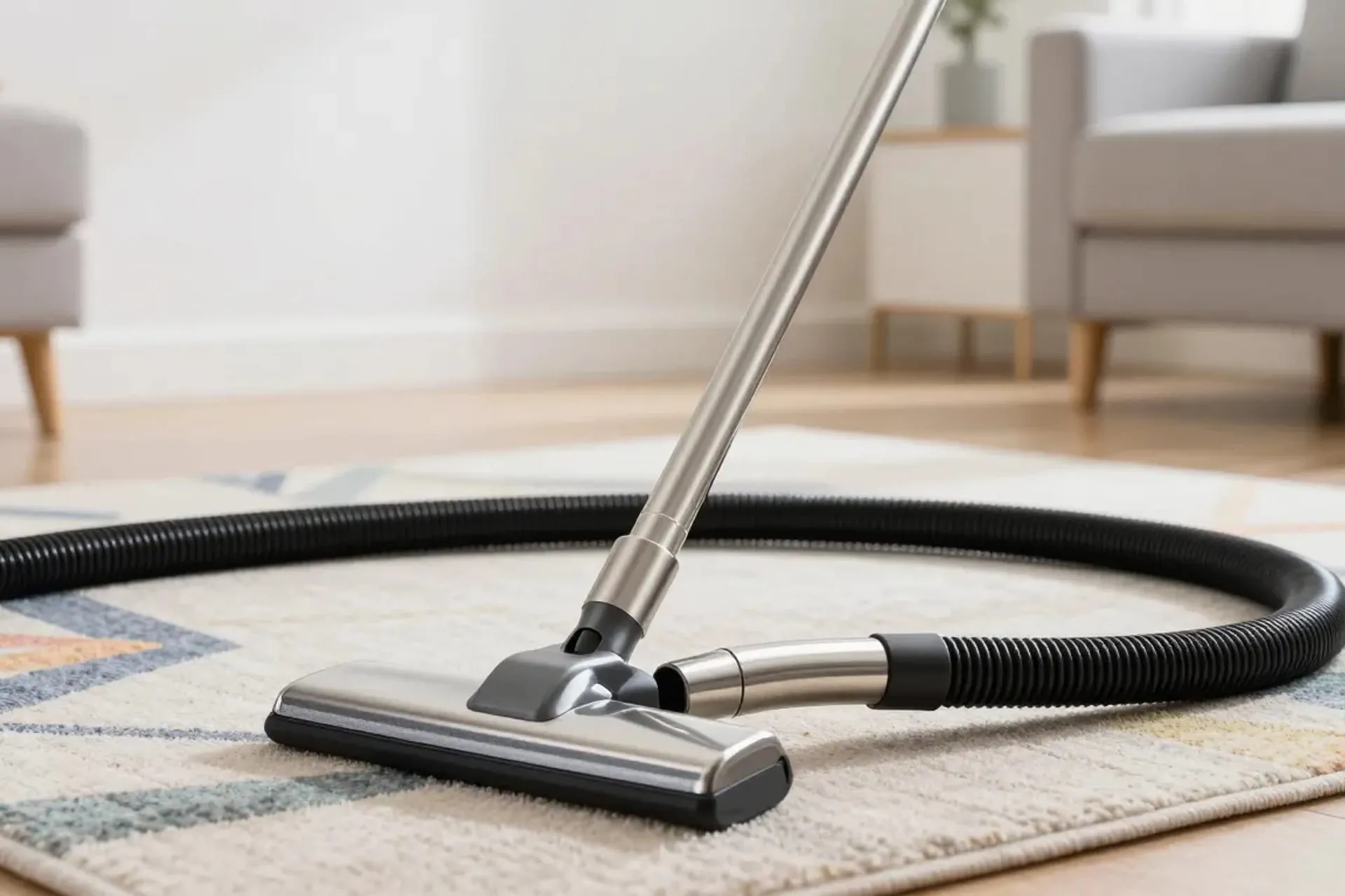 Area rug being cleaned with a stainless-steel extraction tool
