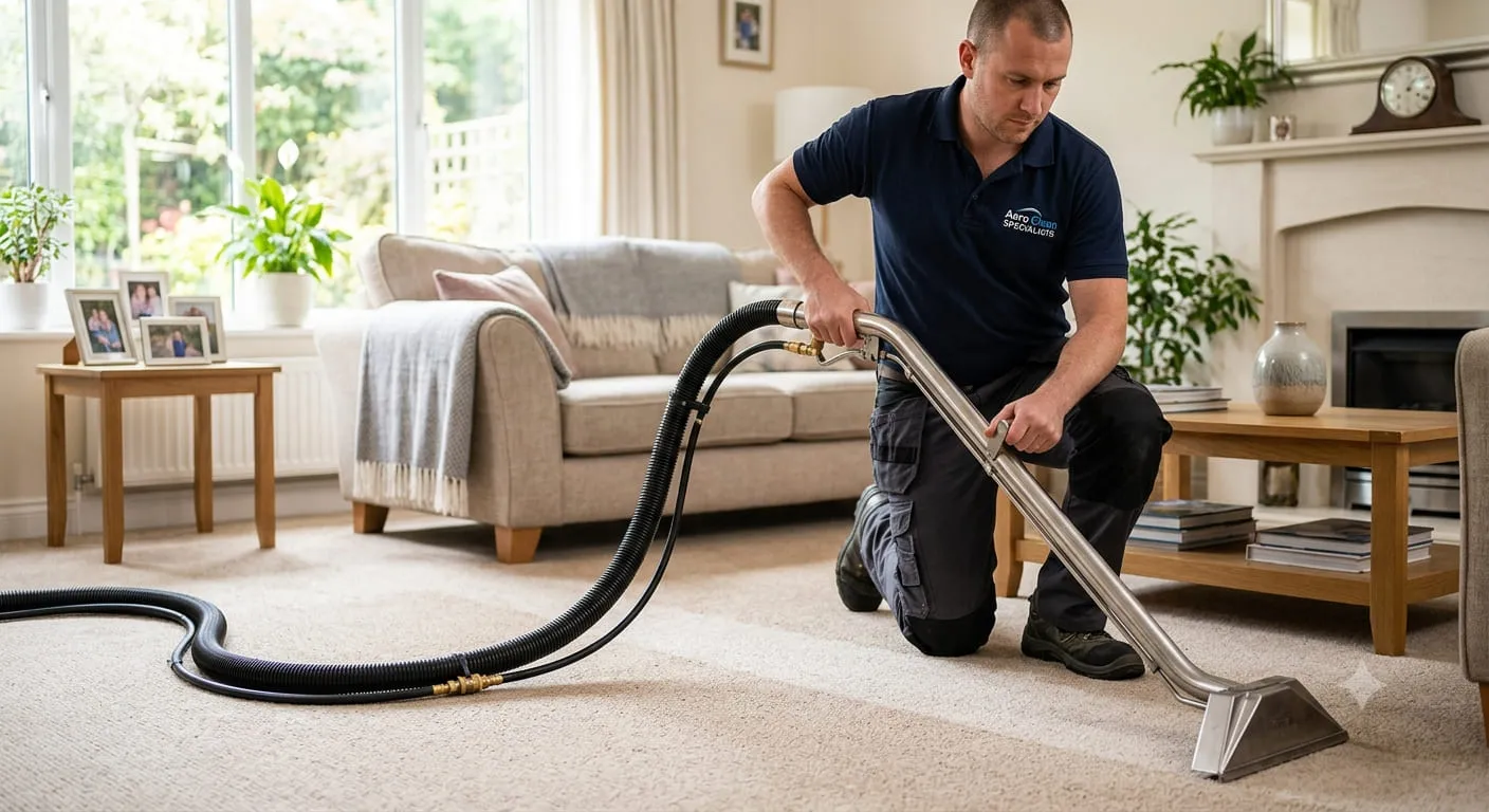 Carpet cleaning professional using a stainless-steel wand connected to hoses in a living room