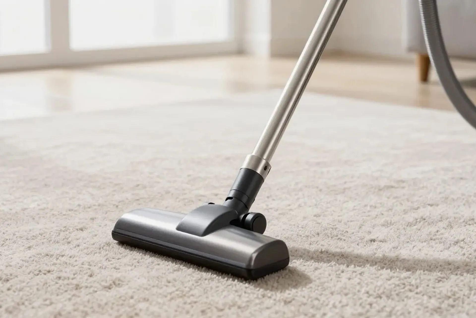 Professional carpet cleaner using a stainless-steel carpet wand in a home