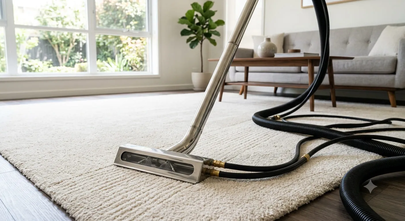 Stainless-steel carpet cleaning wand with hoses on freshly cleaned carpet