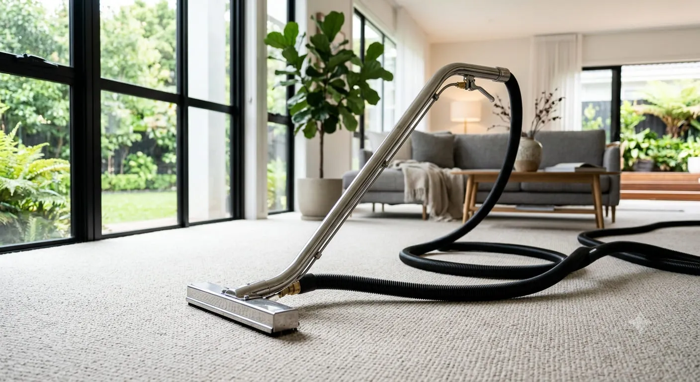 Stainless-steel carpet cleaning wand with hoses on freshly cleaned carpet in a bright living room