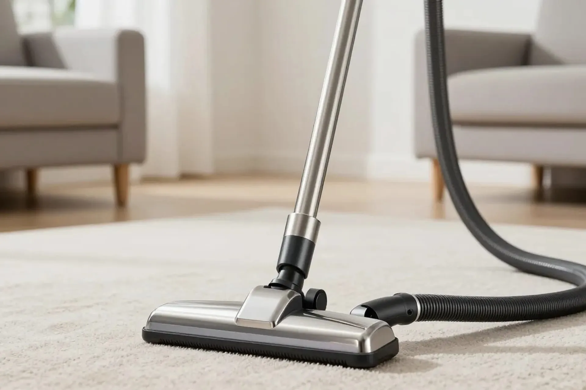 Carpet being cleaned with a stainless-steel carpet wand in a bright living room