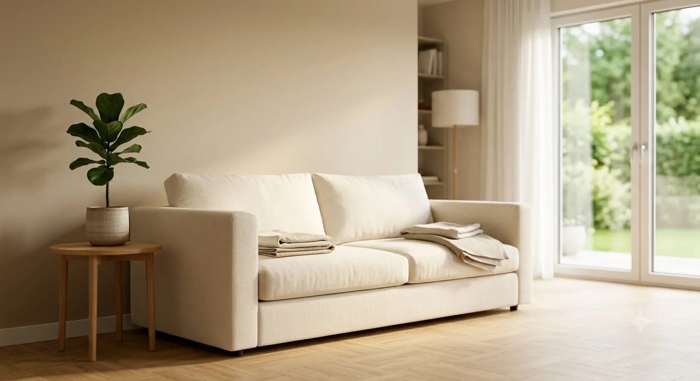 Freshly cleaned cream sofa in a bright, tidy living room
