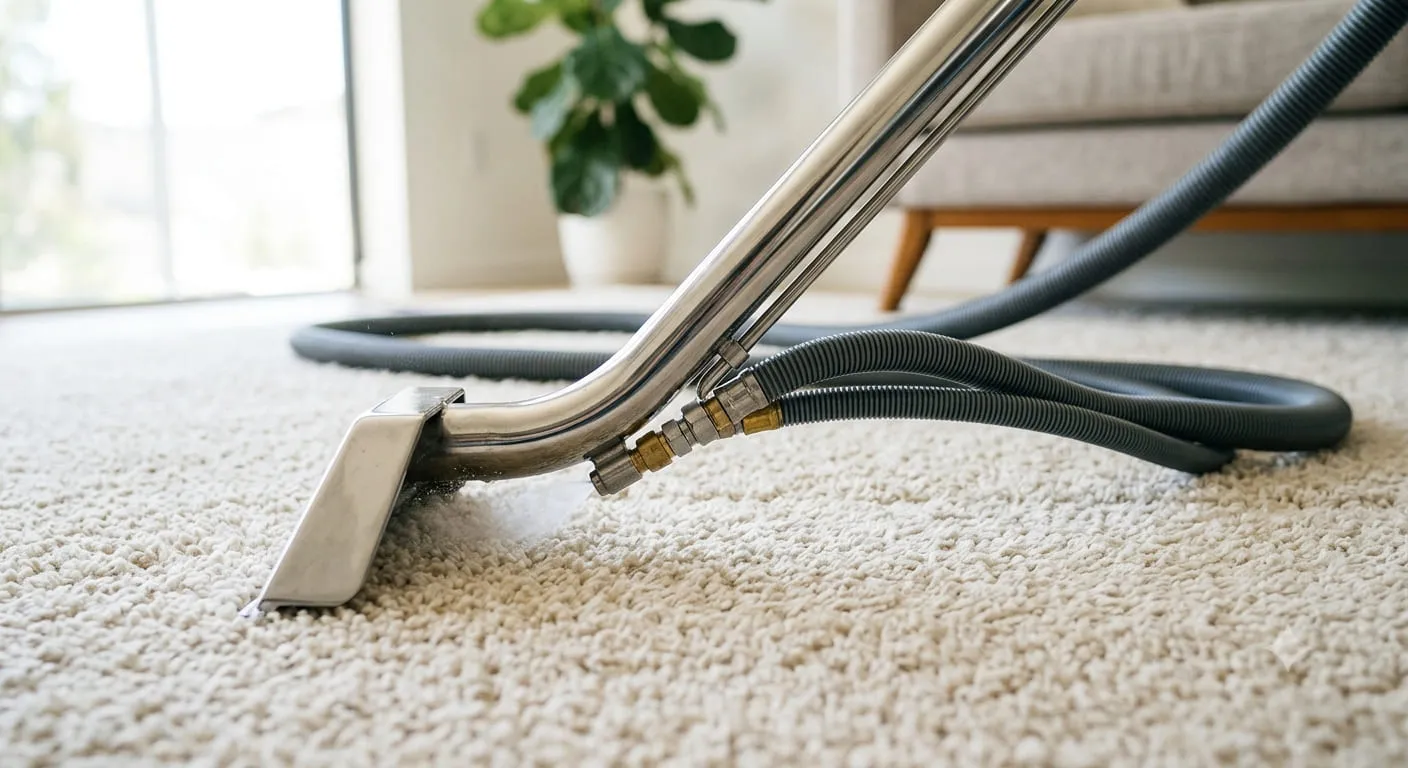 Close-up of a stainless-steel carpet cleaning wand and hoses deep-cleaning a carpet